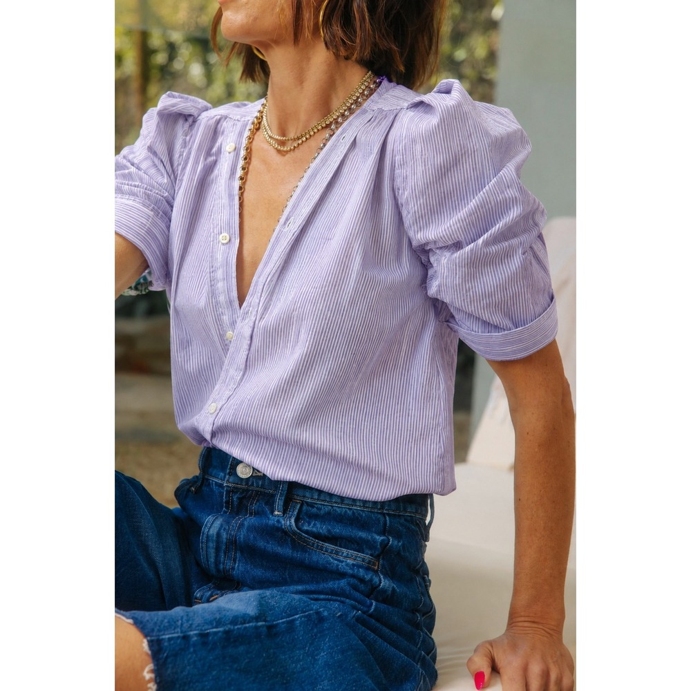 KMJ Bon Voyage Button Up Shirt S Puff Sleeve Stripe Lilac Pastel Tailored Blouse